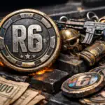 Монета с логотипом R6 среди игровых предметов и денег.