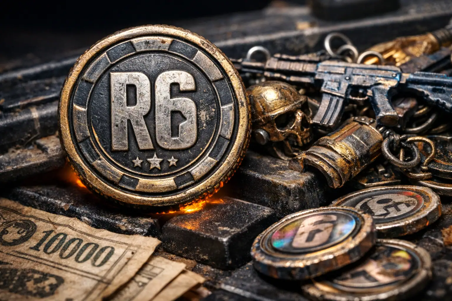 Moneda con emblema "R6" en un entorno de objetos de videojuegos.