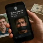 Nachricht auf einem Smartphone mit Bedrohungsinhalt und gefesseltem Mann im Hintergrund.