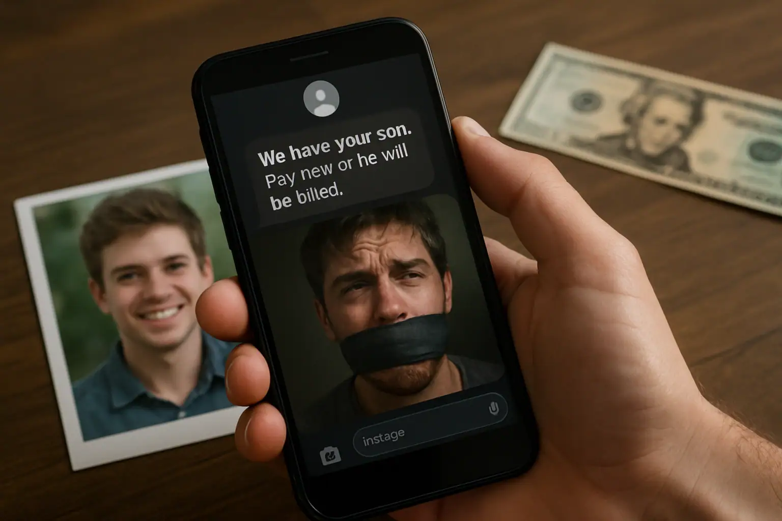 Smartphone displays a threatening message about a captured son, with a photo and cash nearby.