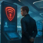 Mann in Uniform an futuristischem Terminal mit Sicherheitsdisplay.