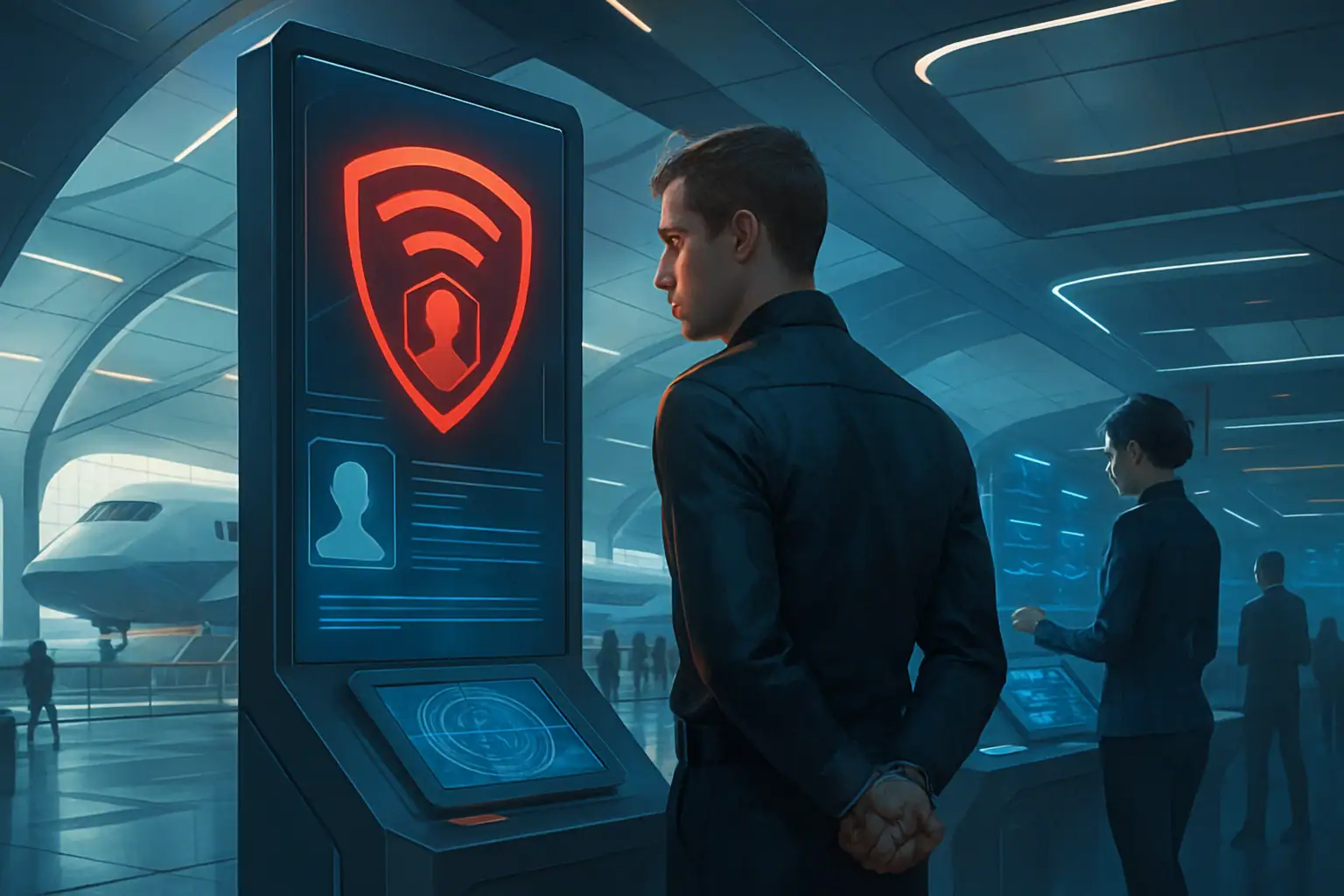 Man in a futuristic setting monitoring security displays in a sleek environment.