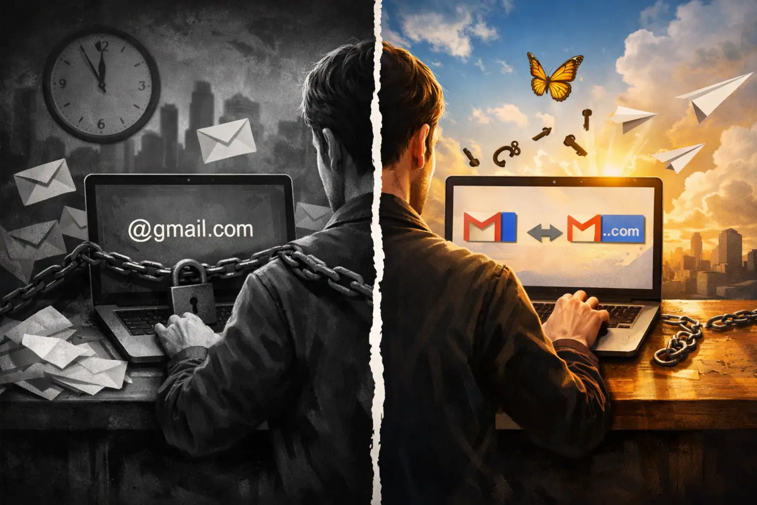 Hombre dividido entre la carga del correo y la libertad digital.