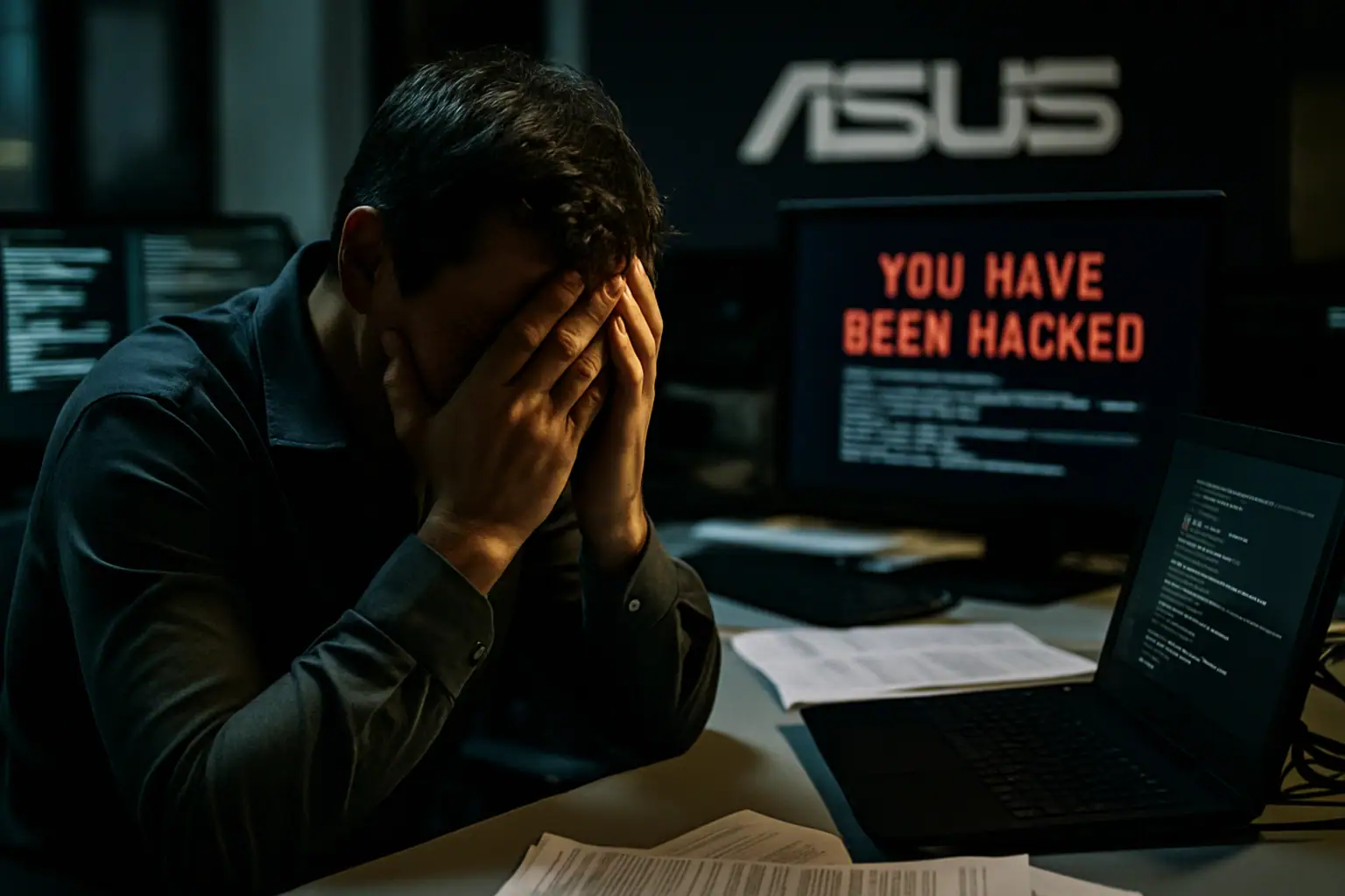 Мужчина с рукой на лице, сидит перед экранами с сообщением о взломе.