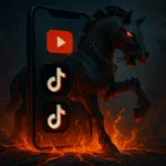 Конь в темных тонах emerging из смартфона на фоне огня и логотипов соцсетей.