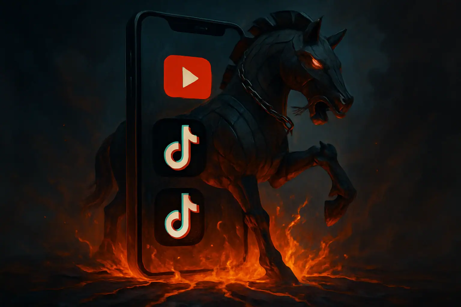 Темний фон з телефоном, який виходить кінь, символи соціальних мереж.