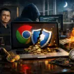 Экспрессивная сцена с ноутбуком, криптовалютой и тайной атмосферой.