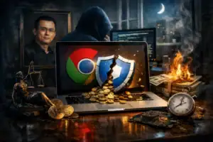 Laptop mit Schilden, Goldmünzen und brennenden Geldscheinen auf einem Schreibtisch.