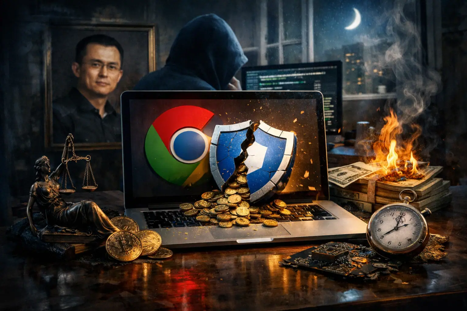 ** Laptop con símbolos de ciberseguridad y criptomonedas en un ambiente oscuro.