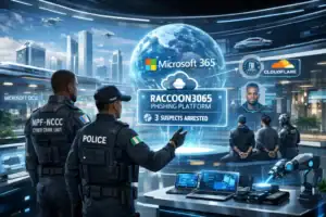 Agentes de policía observan una pantalla sobre una red de phishing arrestando a sospechosos.