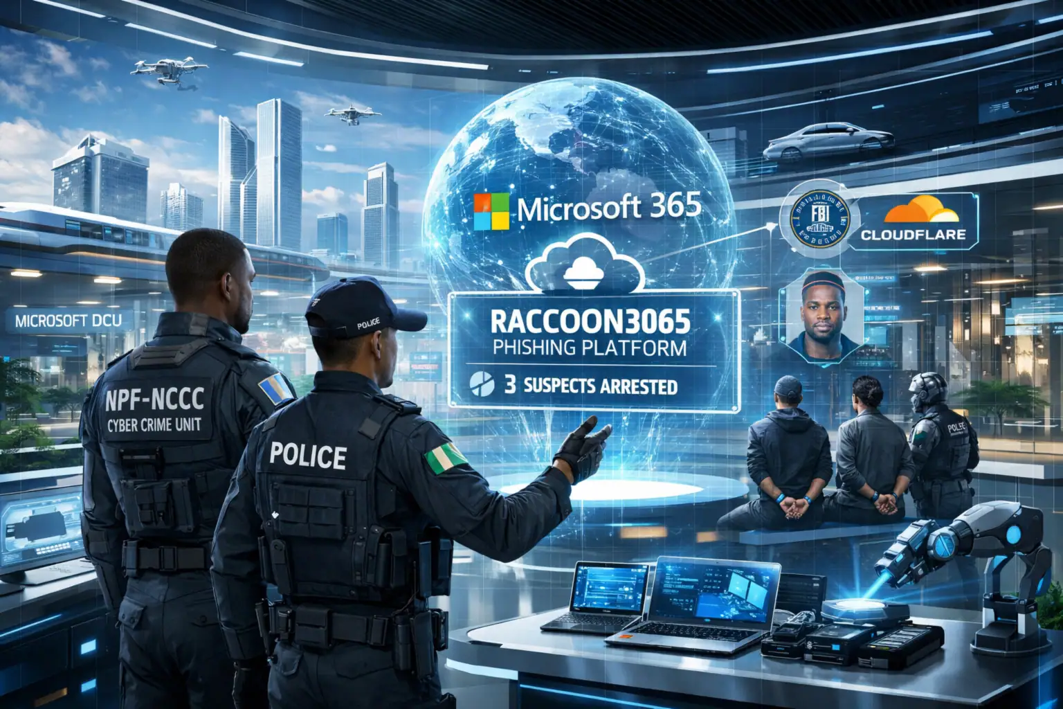 ** Law enforcement officers analyze data from a major phishing operation.