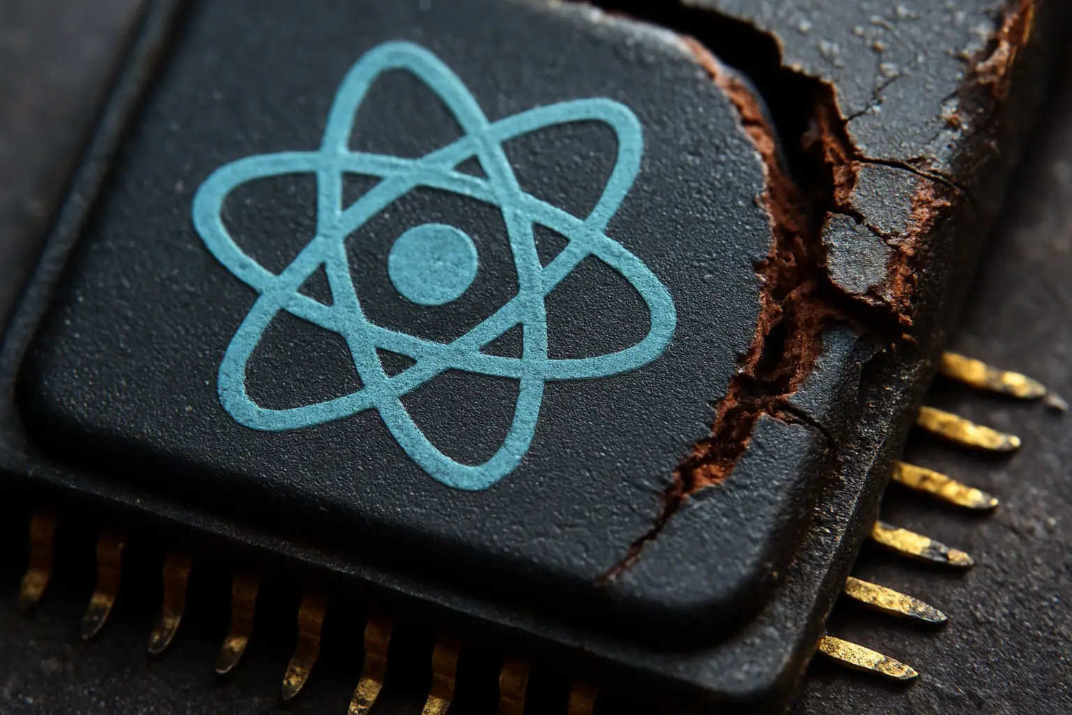 Чіп з логотипом, тріщинами та пошкодженими краями, темний фон.