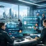 Büro mit Mitarbeitern, die an digitalen Sicherheitsmonitoren arbeiten.