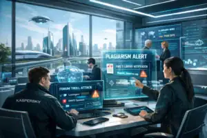 Equipo de ciberseguridad controla alertas en un entorno futurista.