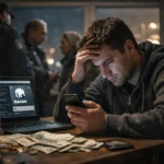 Man in a hoodie stressed, checking phone, as police investigate nearby.