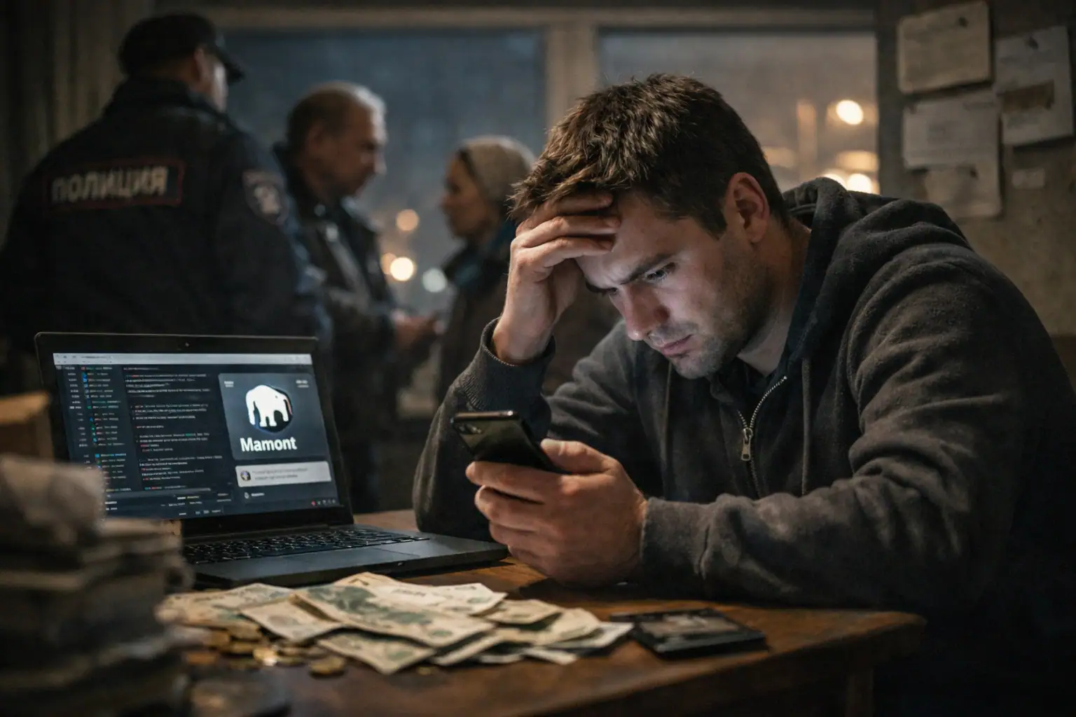 Hombre preocupado revisa su teléfono cerca de una computadora portátil y dinero en efectivo.