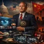 Politician stands with technology and brands against a dramatic background of flags.