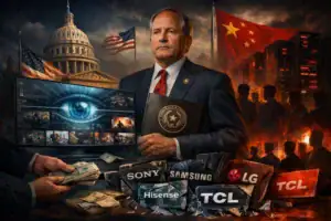 Politician stands with technology and brands against a dramatic background of flags.