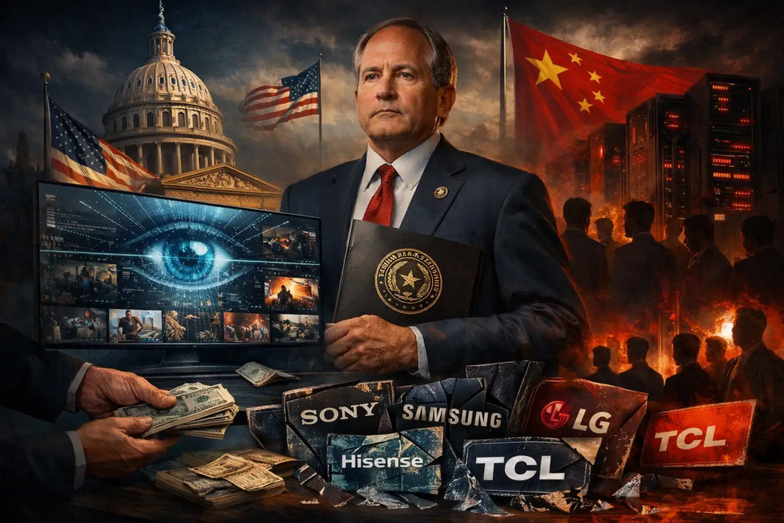 ** Hombre en traje presenta un informe ante un fondo de banderas y pantalla tecnológica.