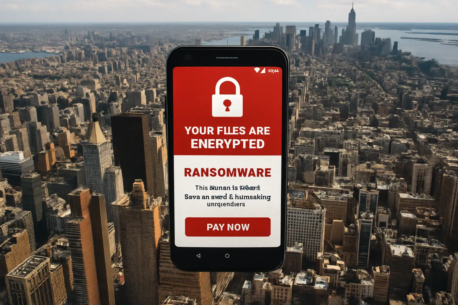 Smartphone displays ransomware alert over a city skyline background.