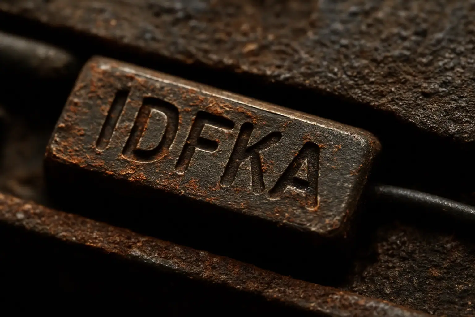 Металлическая плита с выгравированными буквами IDFKA на ржавом фоне.