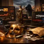 Столик з комп'ютерами, маскою, статуєю справедливості та підпаленими документами.