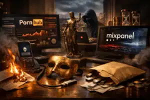 A dark, moody workspace with technology, a statue, and a mask.