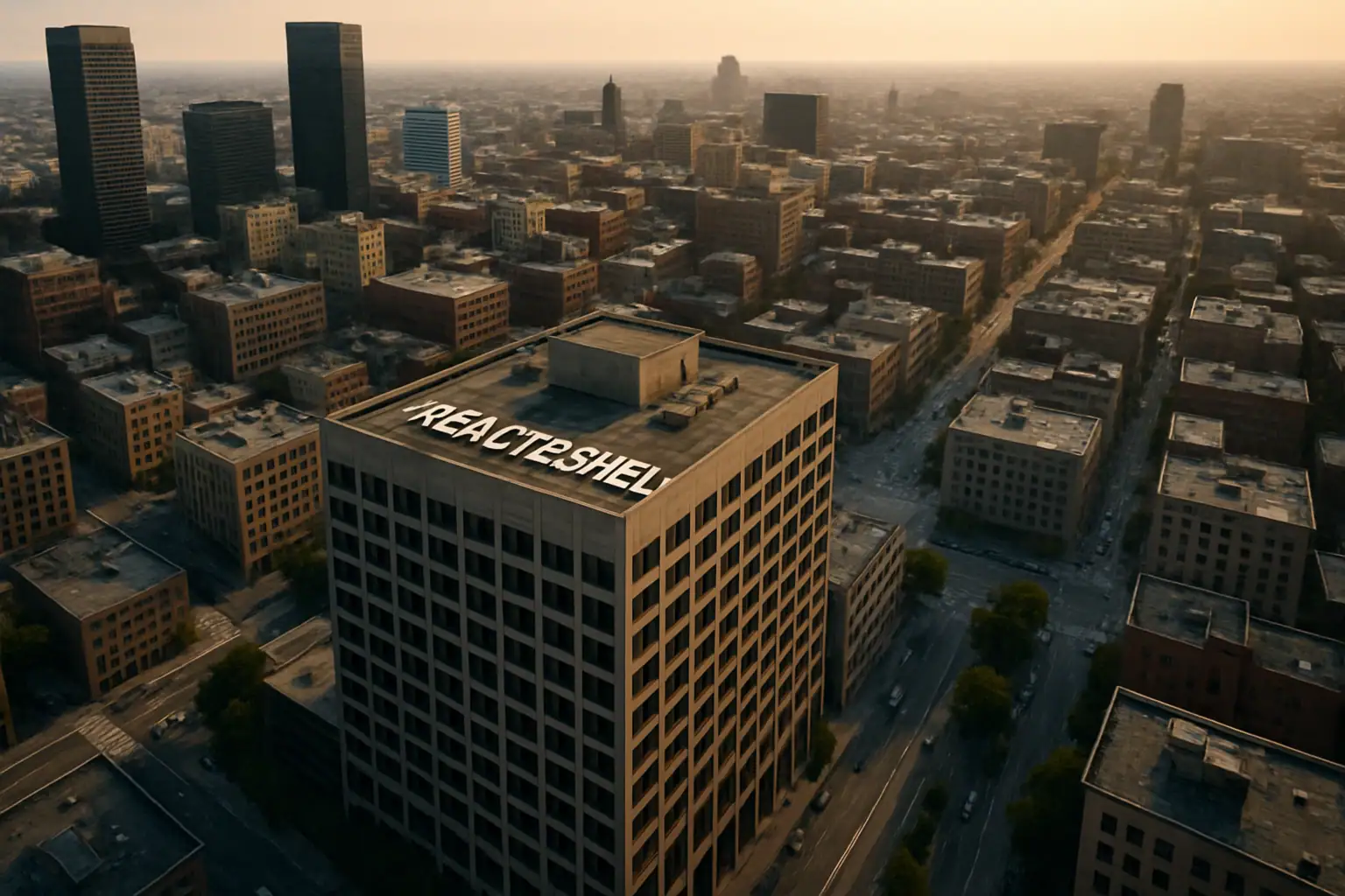 Aerial view of a cityscape with a building featuring "REACT2SHEL" on its roof.