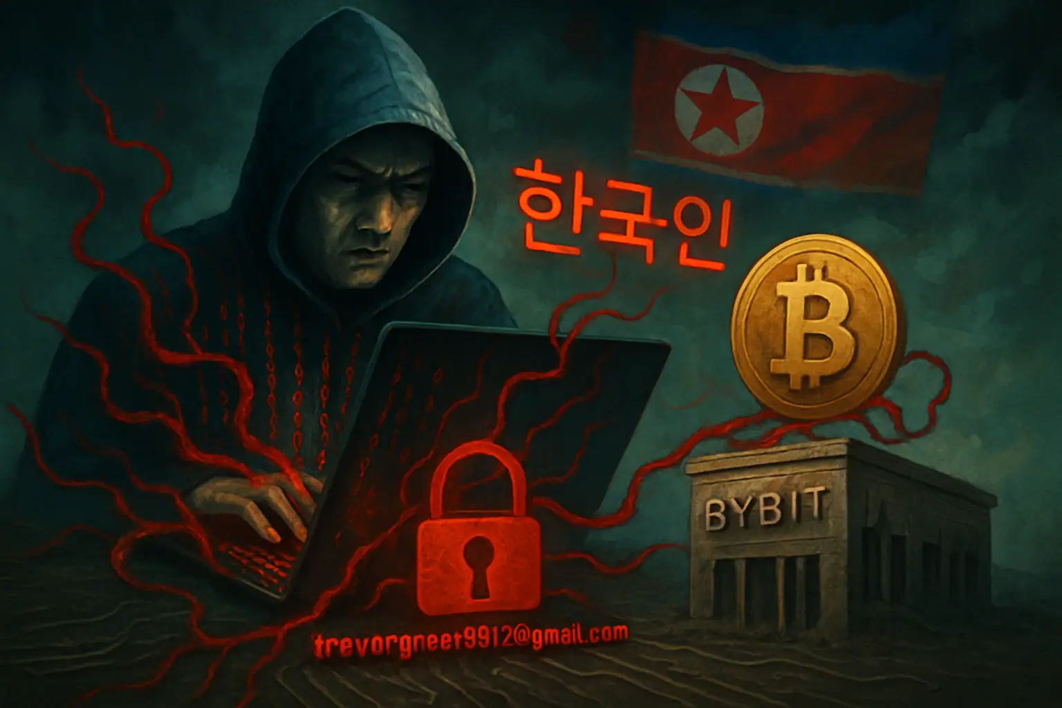 Хакер за компьютером с логотипом Bitcoin и флагом Северной Кореи.