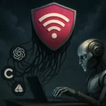 Робот работает за ноутбуком, окруженный символами и защитным щитом Wi-Fi.