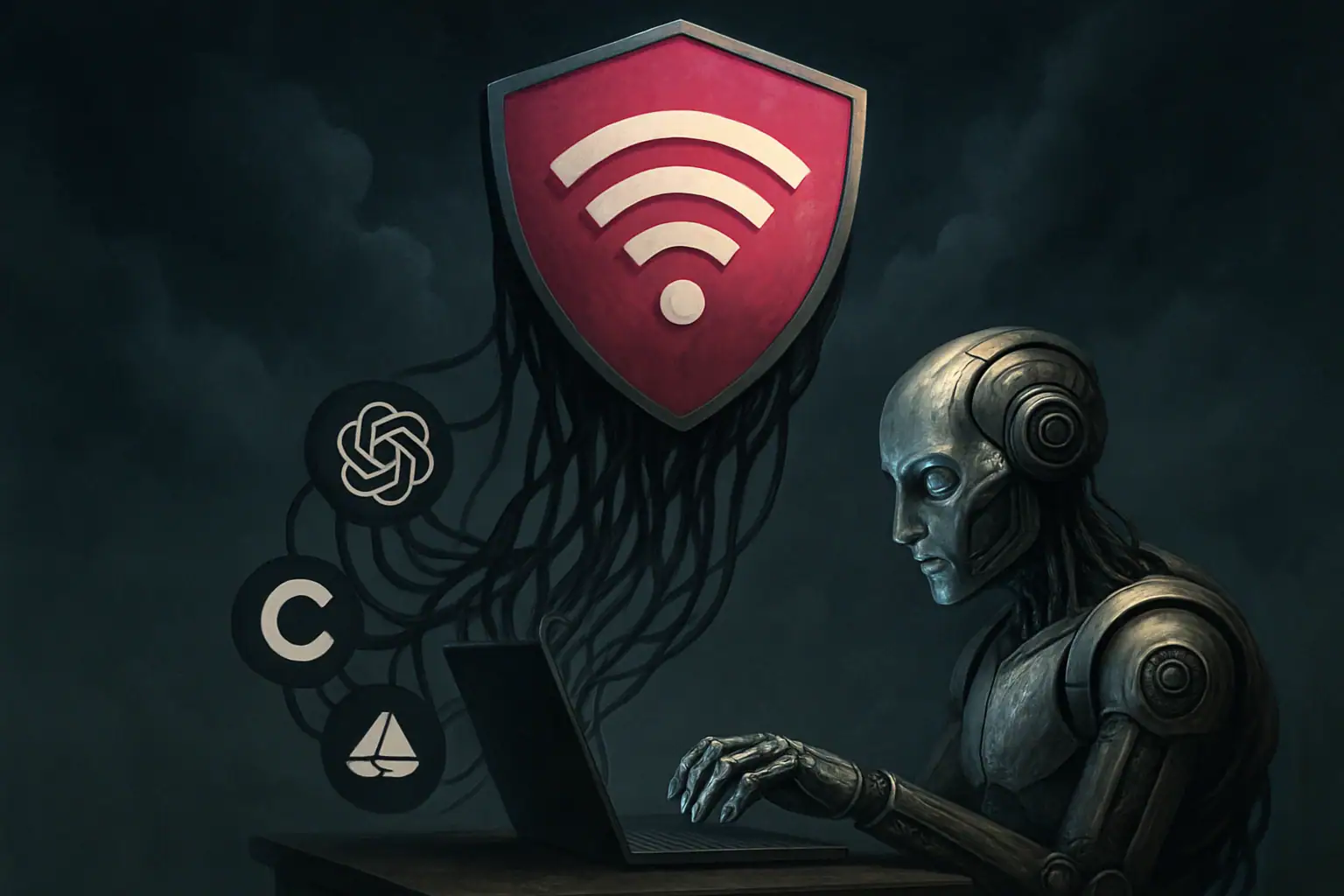 Robot working on a laptop with a Wi-Fi shield symbol and AI logos above.