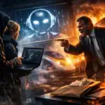 Драматичная сцена конфликта возле ноутбука в городской обстановке.