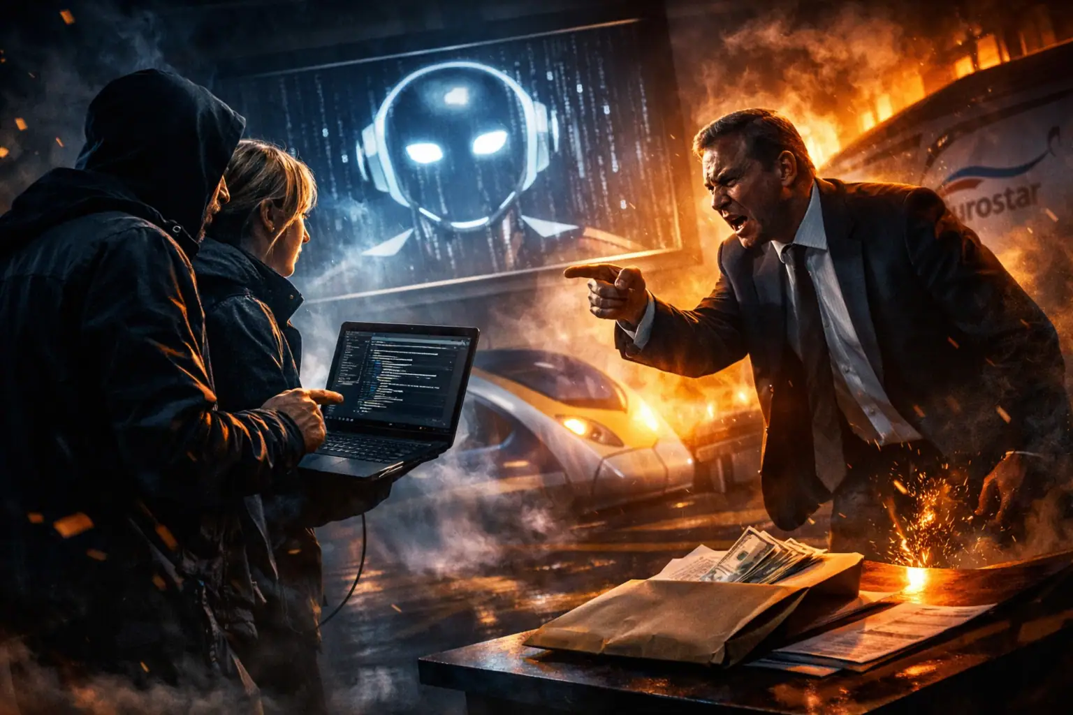 Чоловік у костюмі свариться з двома персонажами у темному середовищі на фоні.