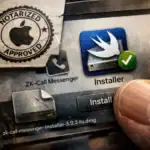 Hand berührt ein "Installer"-Symbol auf einem Bildschirm mit einem "Notarized"-Zertifikat.