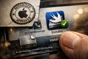 User interacting with app installer on a digital interface, showcasing approval badge.