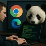 Человек в костюме панды сидит рядом с человеком за ноутбуком.