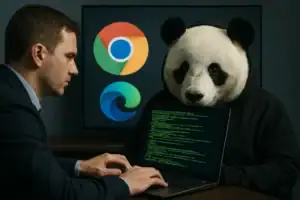 Man and panda in hooded costume working on a laptop with codes displayed.