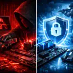 Cybercrime auf der linken Seite und digitale Sicherheit auf der rechten Seite.