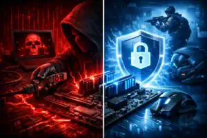 Hacker en rojo y soldado en azul representan la ciberseguridad.