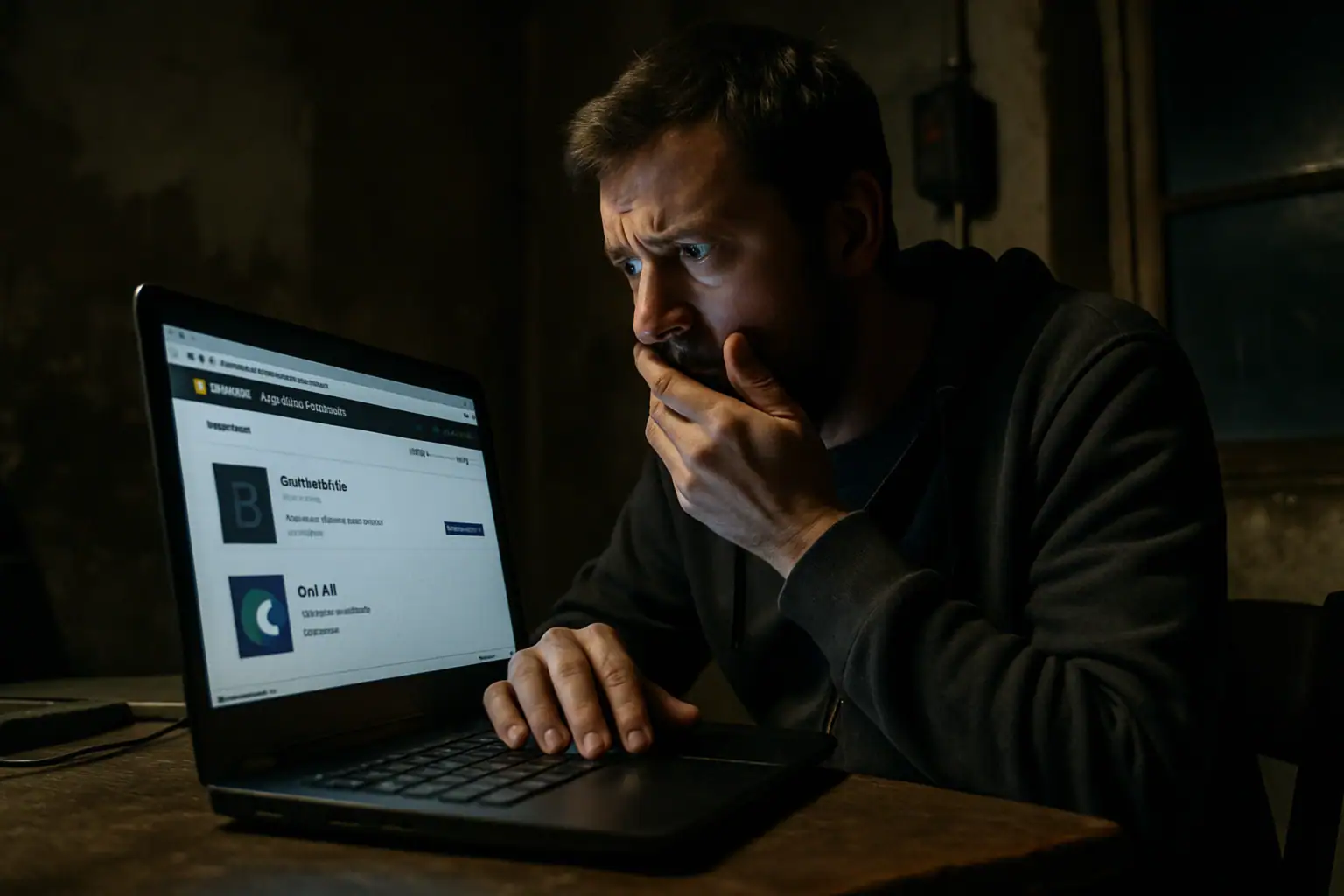 Мужчина с обеспокоенным выражением лица смотрит на экран ноутбука.