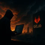 Мужчина в капюшоне работает на ноутбуке на фоне заката с небоскребом GitLab.