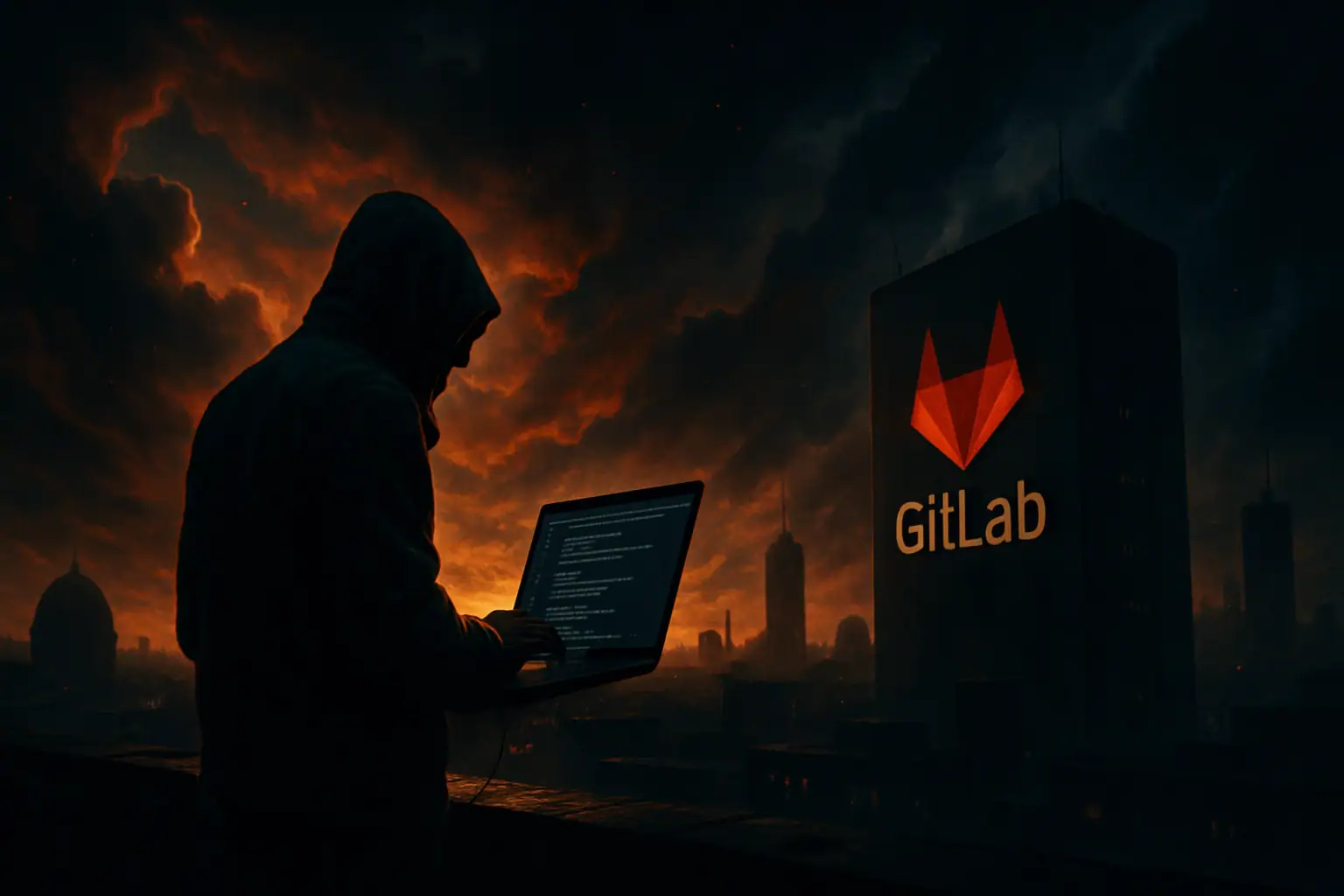 Хакер в капюшоні працює за ноутбуком на фоні темного неба.