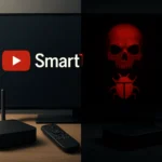 Smart TV displaying YouTube logo alongside a skull and bug graphic.
