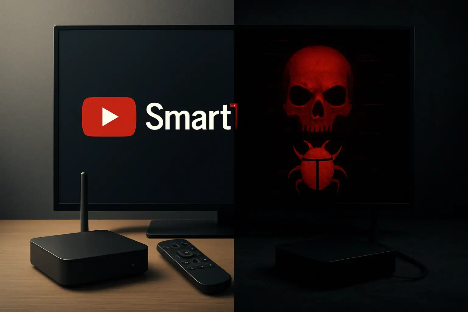 Смарт-пристрій з логотипом YouTube і черепом на екрані.