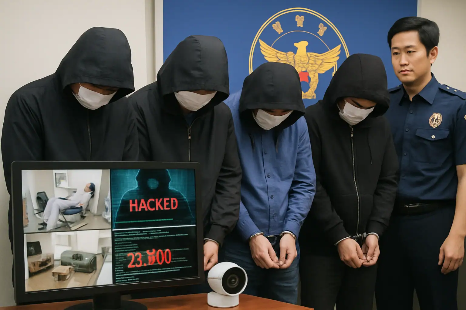 Four masked individuals in handcuffs beside a police officer and a monitor displaying "HACKED."