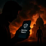 Silhouette eines Mannes, der ein Smartphone mit "Sanchar Saachi" in einer dramatischen Szene hält.