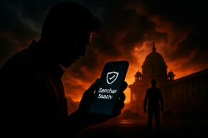 Silhouette of a person holding a phone displaying "Sanchar Saachi" against a dramatic sky.