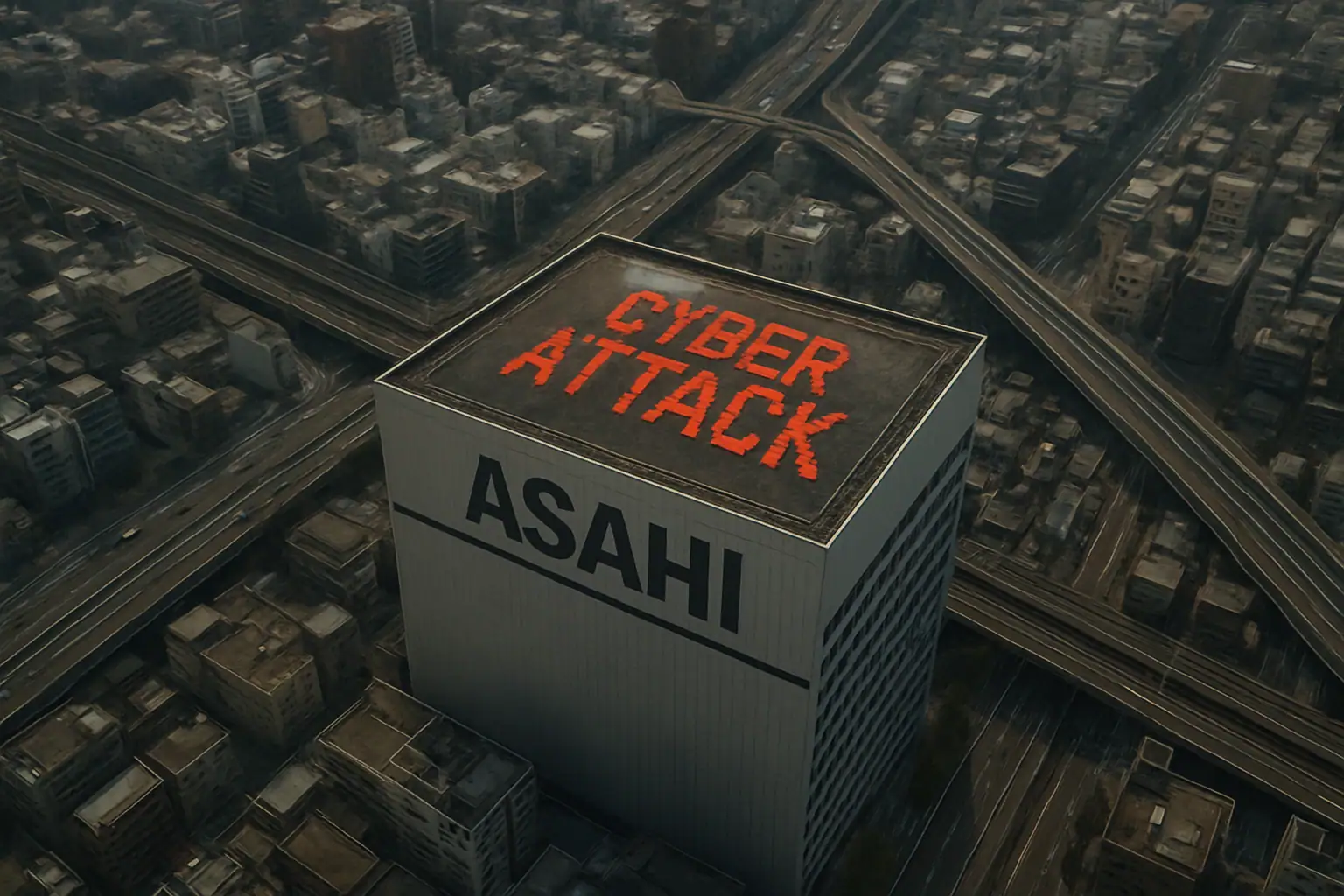 Hochhaus mit der Aufschrift "CYBER ATTACK" auf dem Dach in urbaner Umgebung.