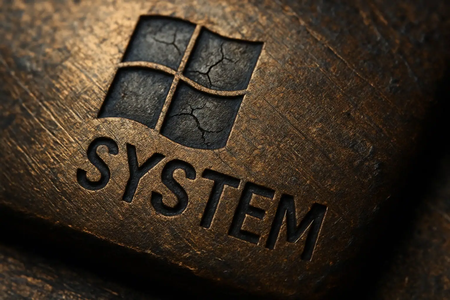 Логотип Windows с надписью "SYSTEM" на текстурированном фоне.