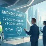 Сценка з роботами та людьми, що обговорюють оновлення Android у сучасному офісі.